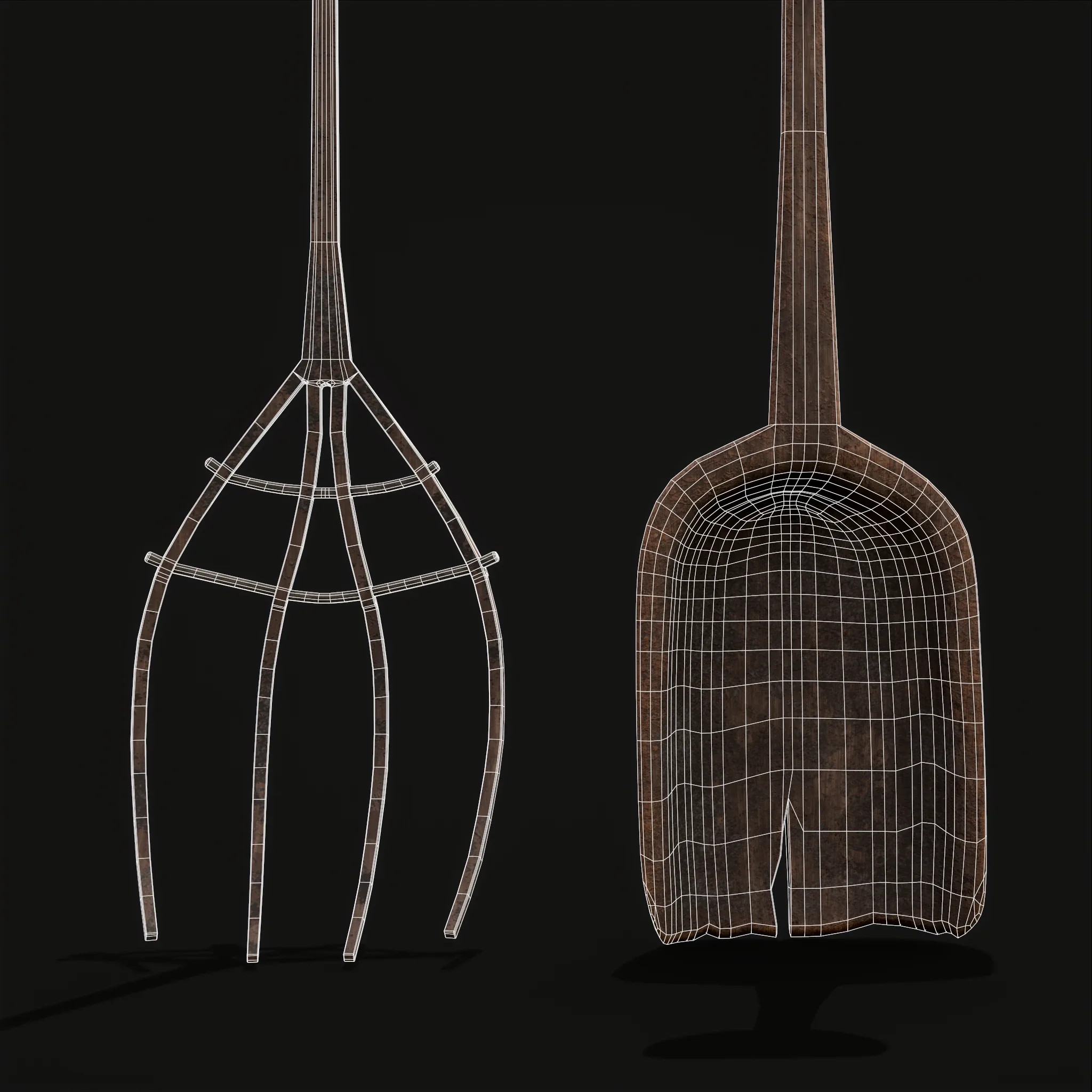 Rustic Medieval Wooden Shovel and Rake