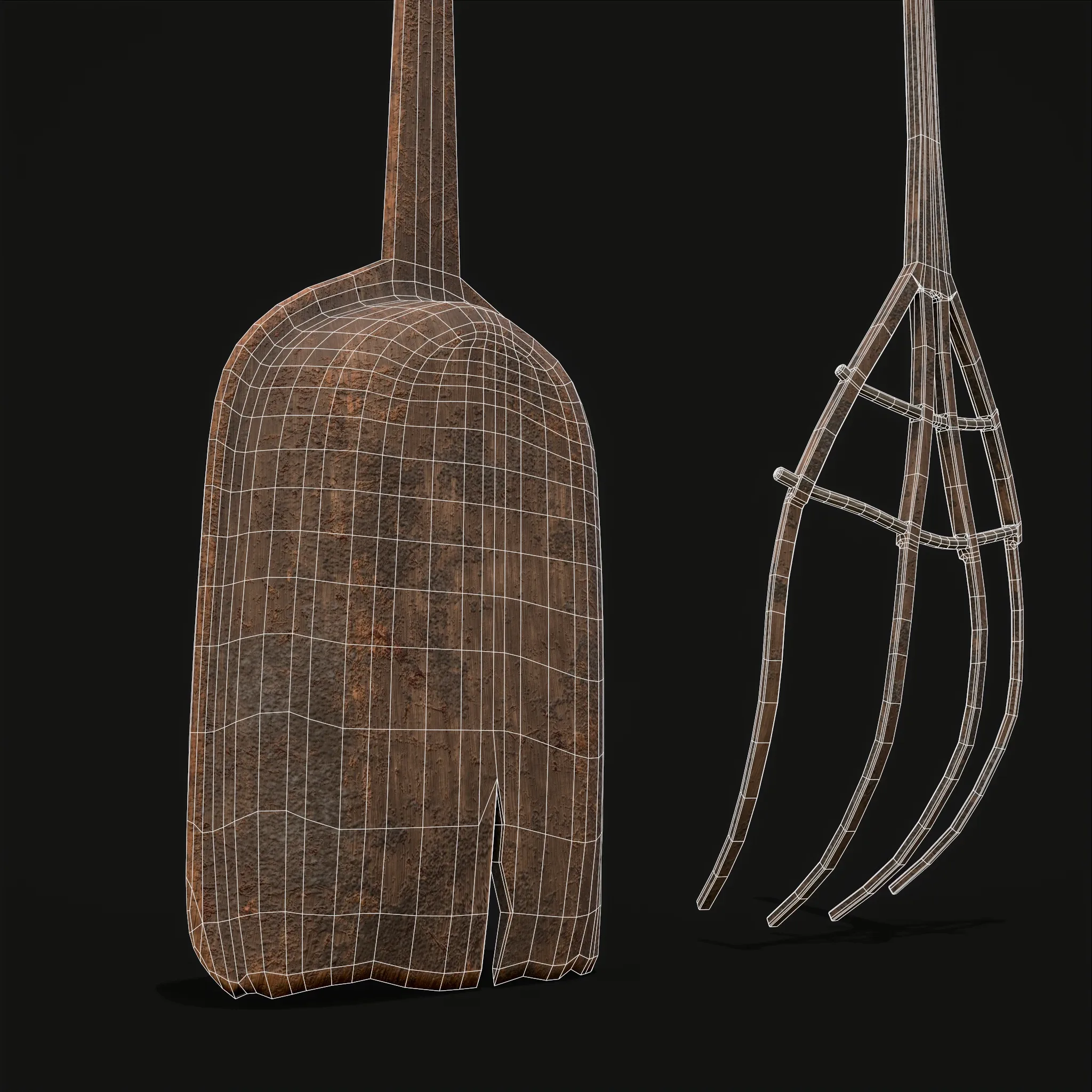 Rustic Medieval Wooden Shovel and Rake