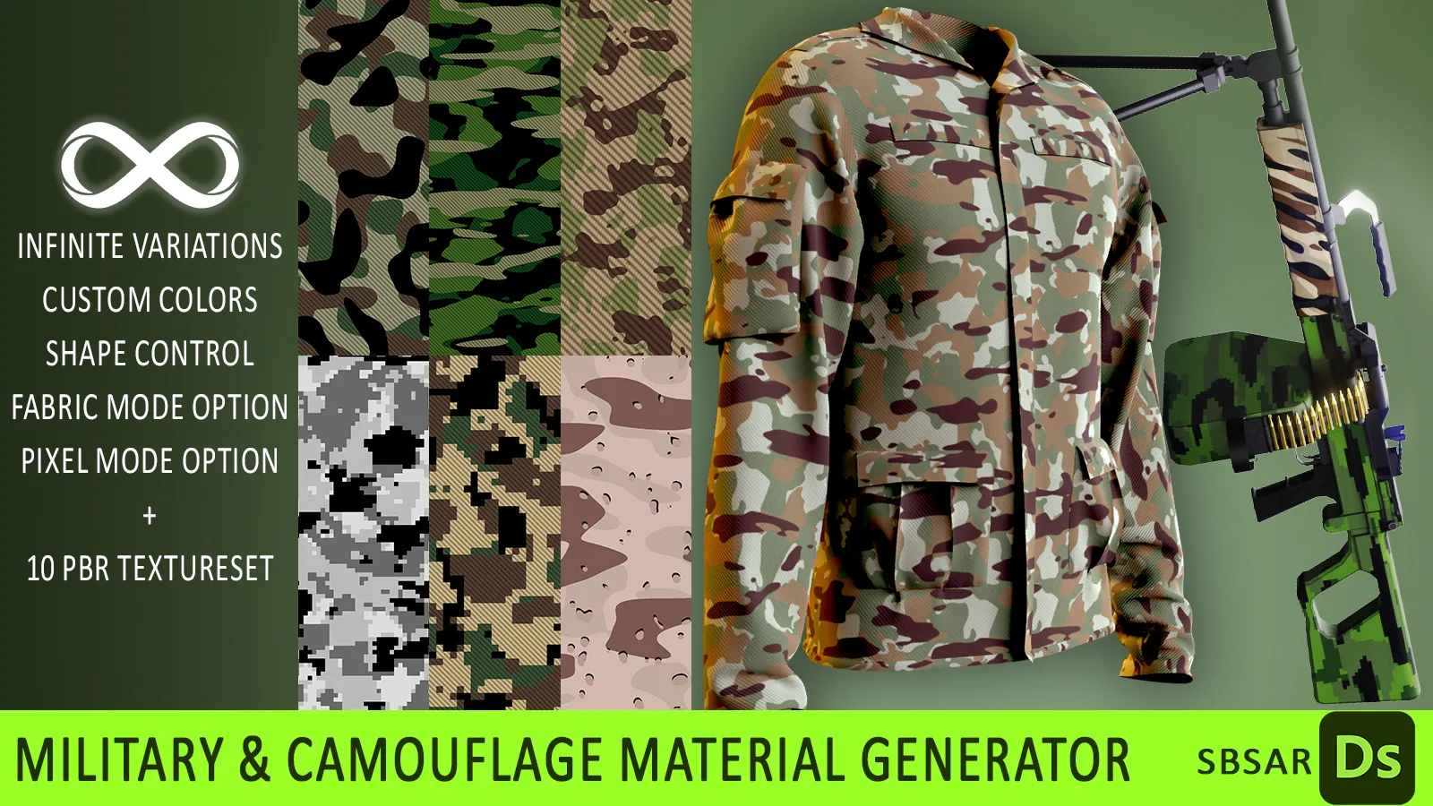 infinite military and Camouflage material generator (sbsar + 10 texturesets)
