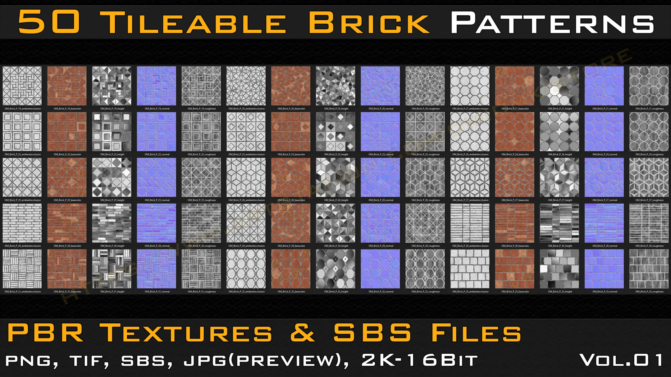 50 Tileable Brick Patterns & PBR Textures and Sbs Files - VOL 01