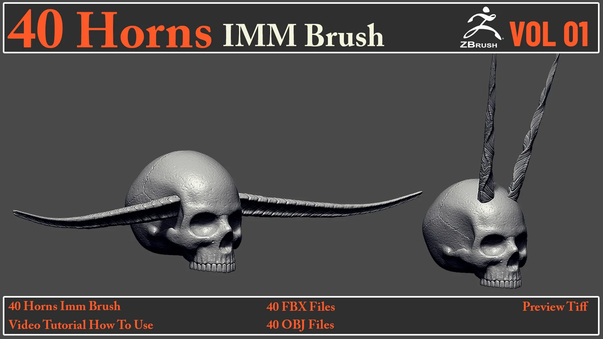 40 Horns IMM Brush + 40 FBX & OBJ Files + Video How To Use