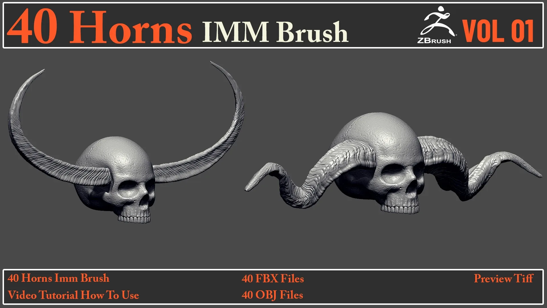 40 Horns IMM Brush + 40 FBX & OBJ Files + Video How To Use