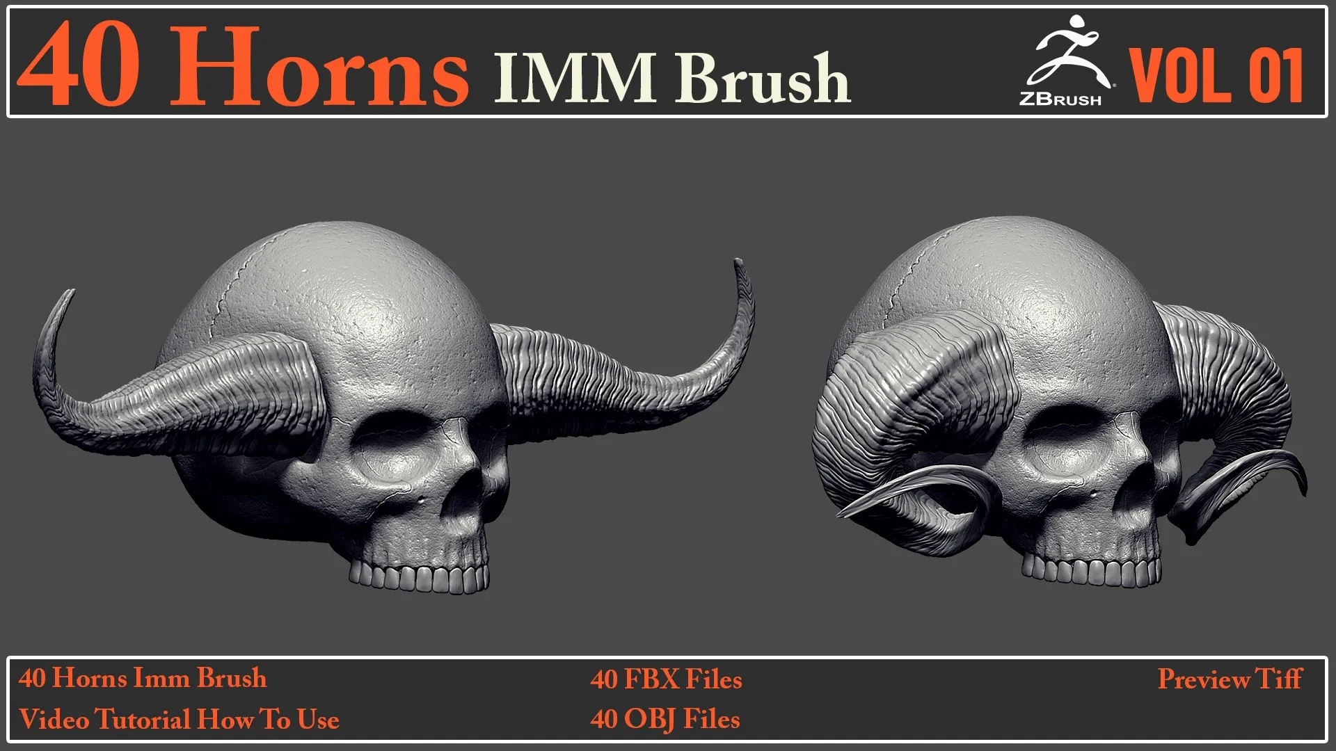 40 Horns IMM Brush + 40 FBX & OBJ Files + Video How To Use