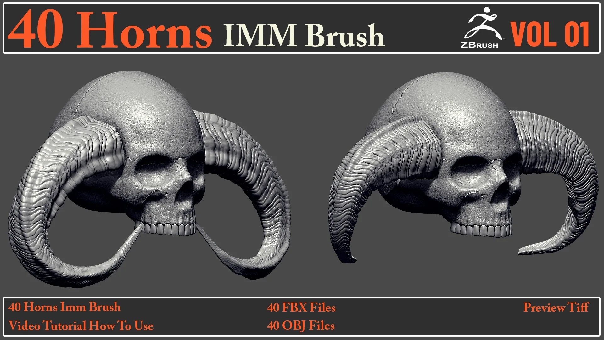 40 Horns IMM Brush + 40 FBX & OBJ Files + Video How To Use