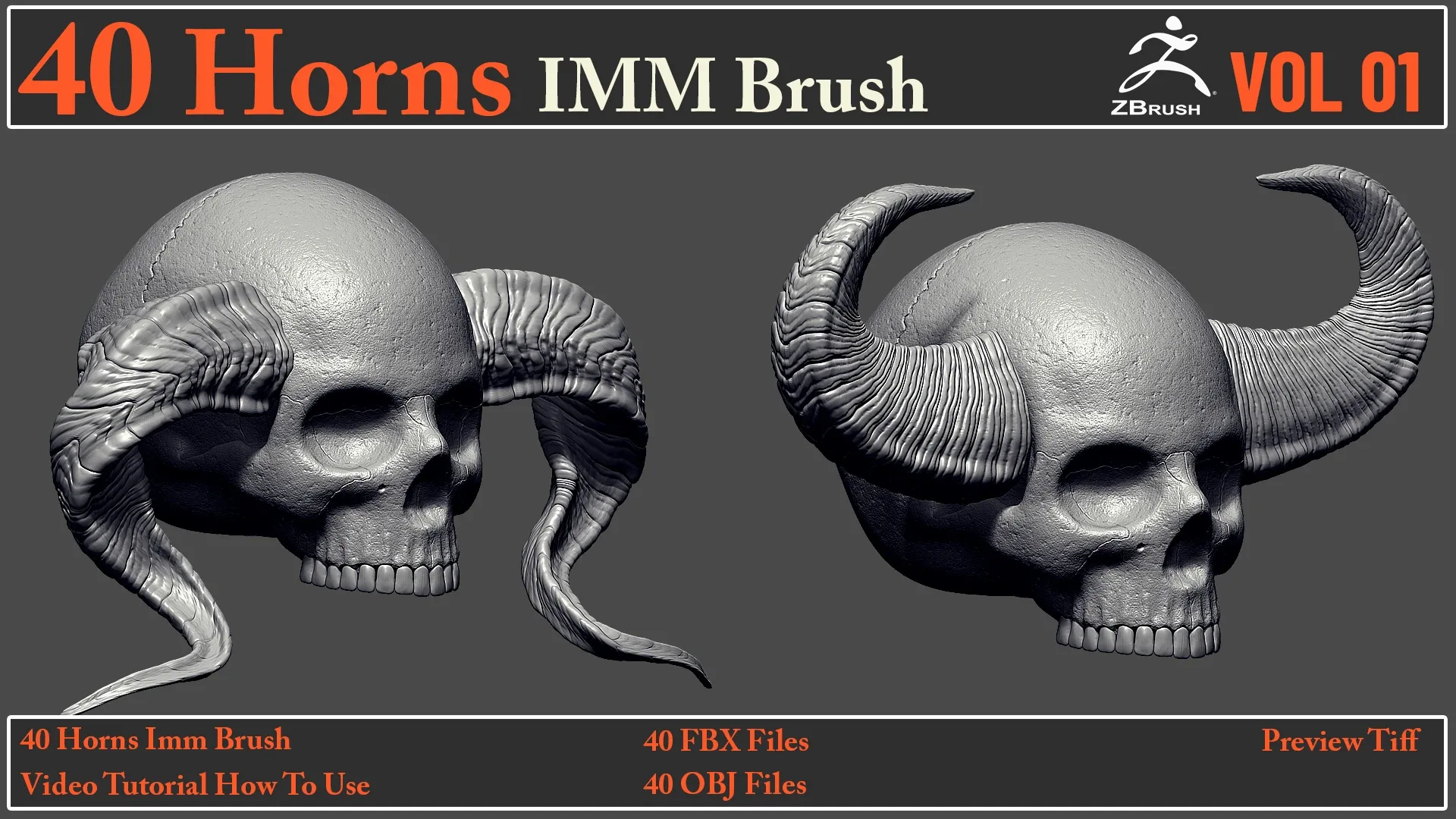 40 Horns IMM Brush + 40 FBX & OBJ Files + Video How To Use