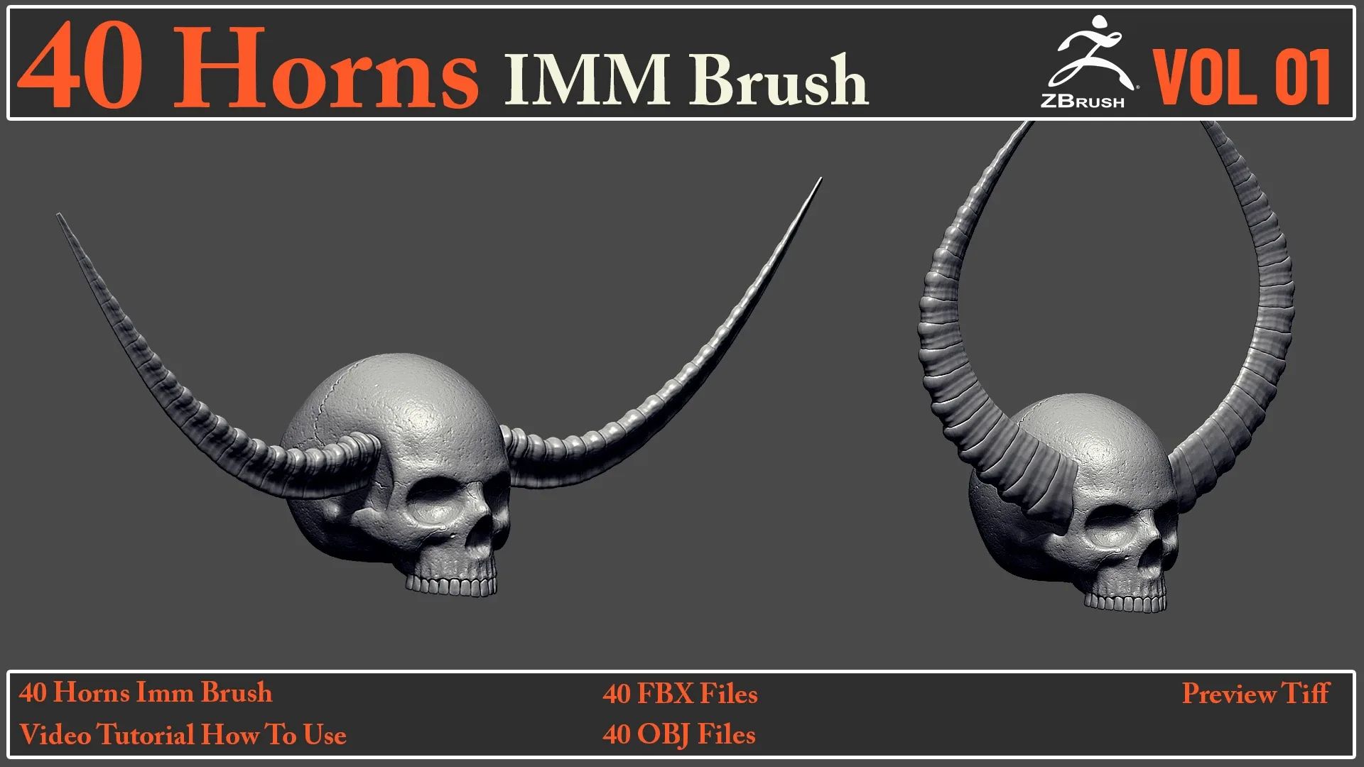 40 Horns IMM Brush + 40 FBX & OBJ Files + Video How To Use