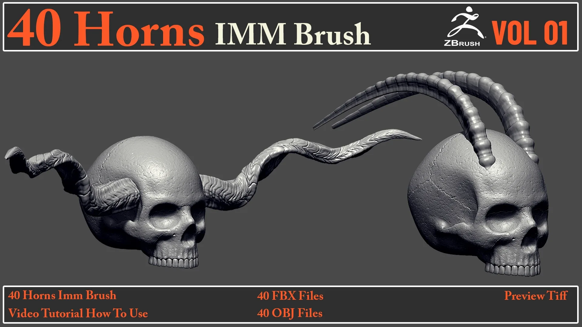 40 Horns IMM Brush + 40 FBX & OBJ Files + Video How To Use