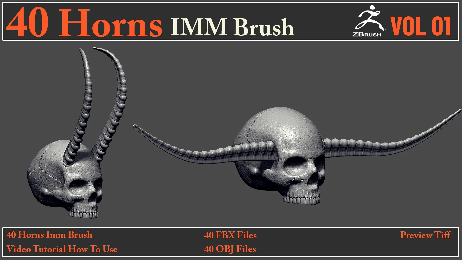 40 Horns IMM Brush + 40 FBX & OBJ Files + Video How To Use