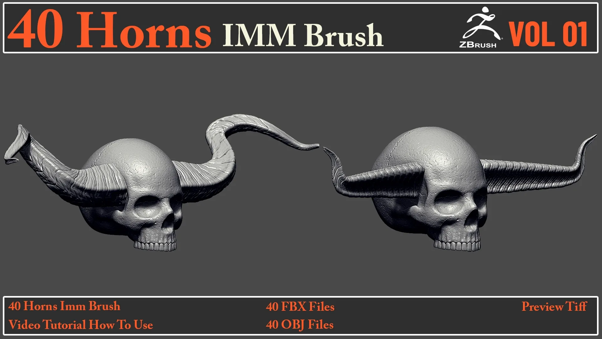 40 Horns IMM Brush + 40 FBX & OBJ Files + Video How To Use