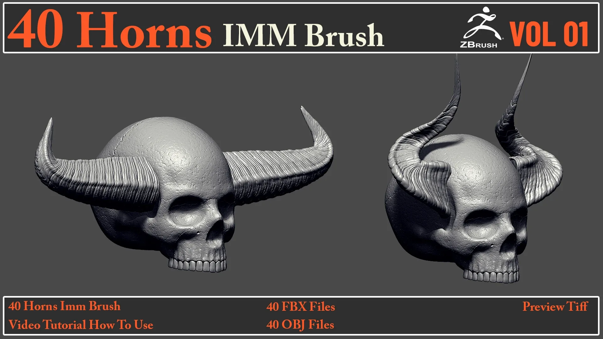 40 Horns IMM Brush + 40 FBX & OBJ Files + Video How To Use