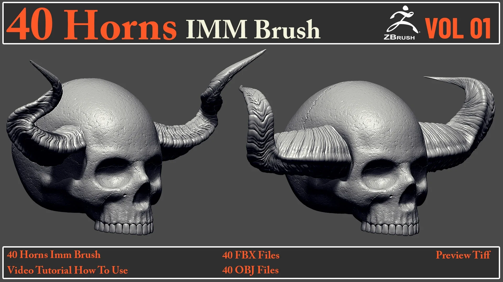 40 Horns IMM Brush + 40 FBX & OBJ Files + Video How To Use