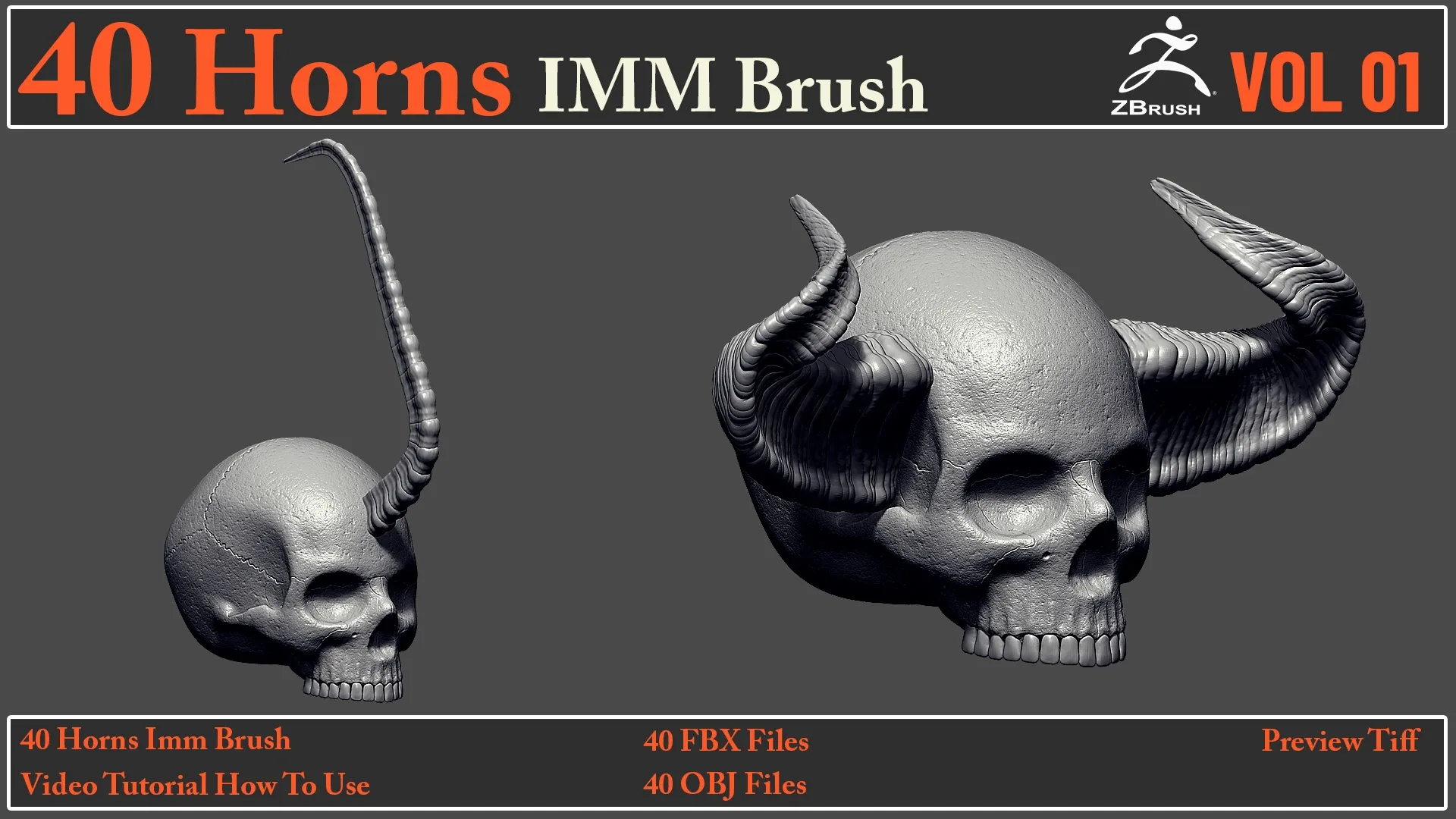 40 Horns IMM Brush + 40 FBX & OBJ Files + Video How To Use