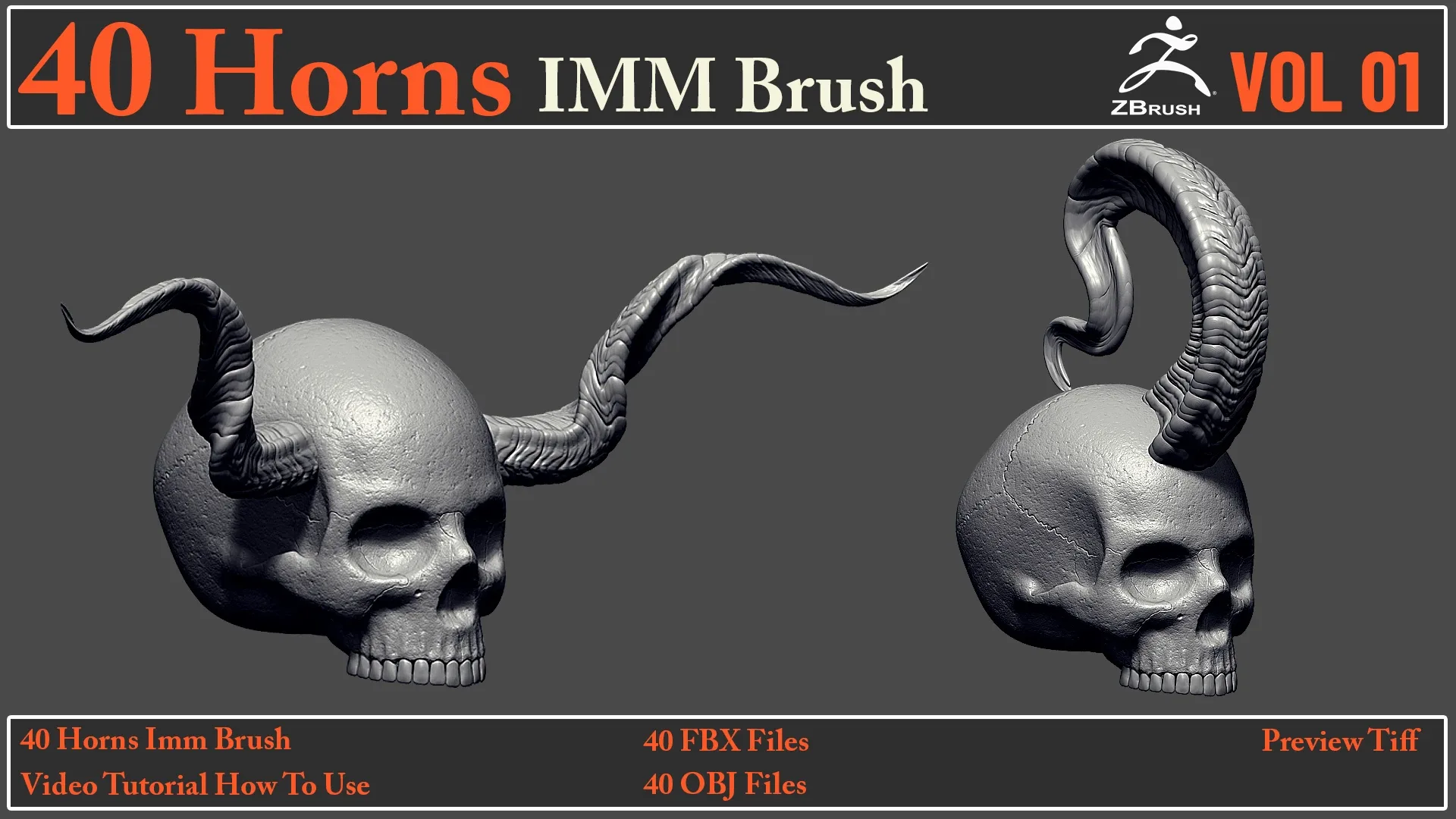 40 Horns IMM Brush + 40 FBX & OBJ Files + Video How To Use