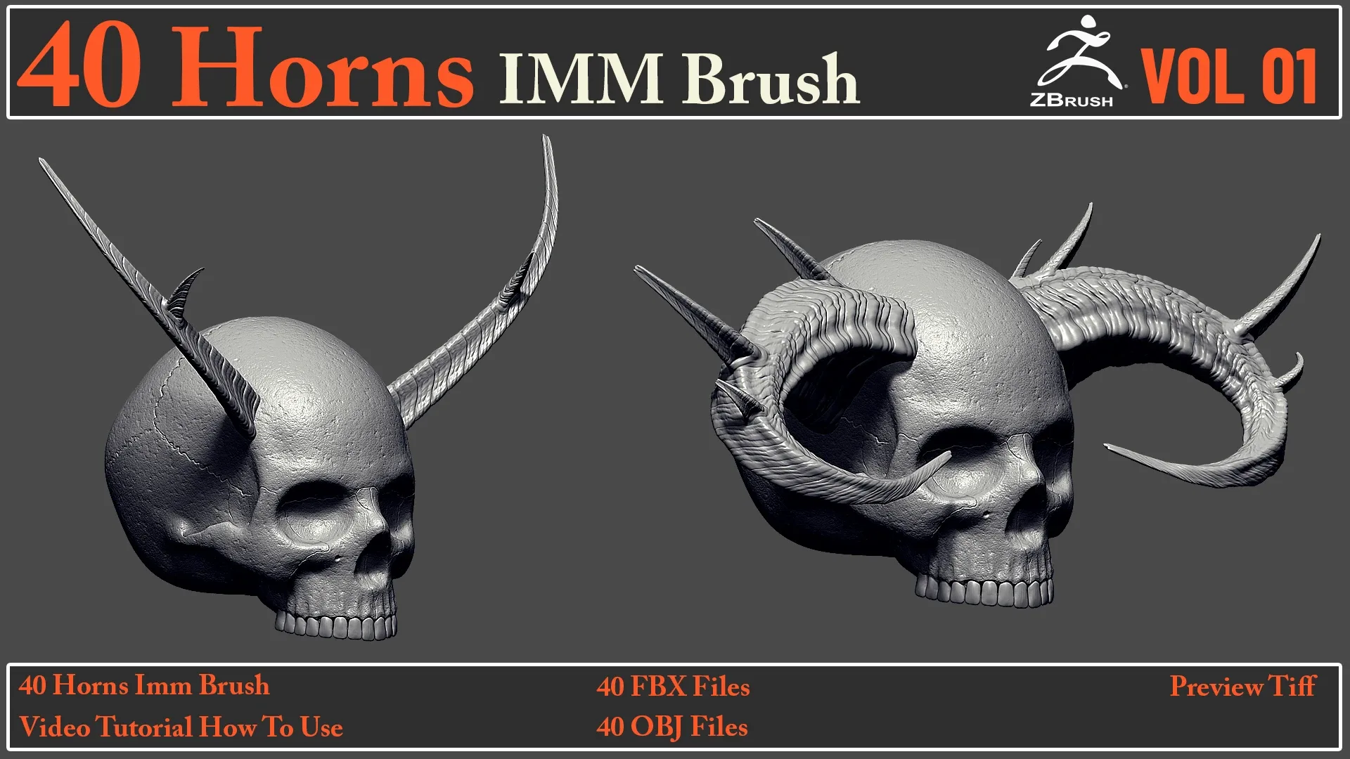 40 Horns IMM Brush + 40 FBX & OBJ Files + Video How To Use