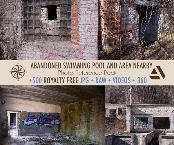 Photo Reference Pack: ABANDONED SWIMMING POOL AND AREA NEARBY and graffiti