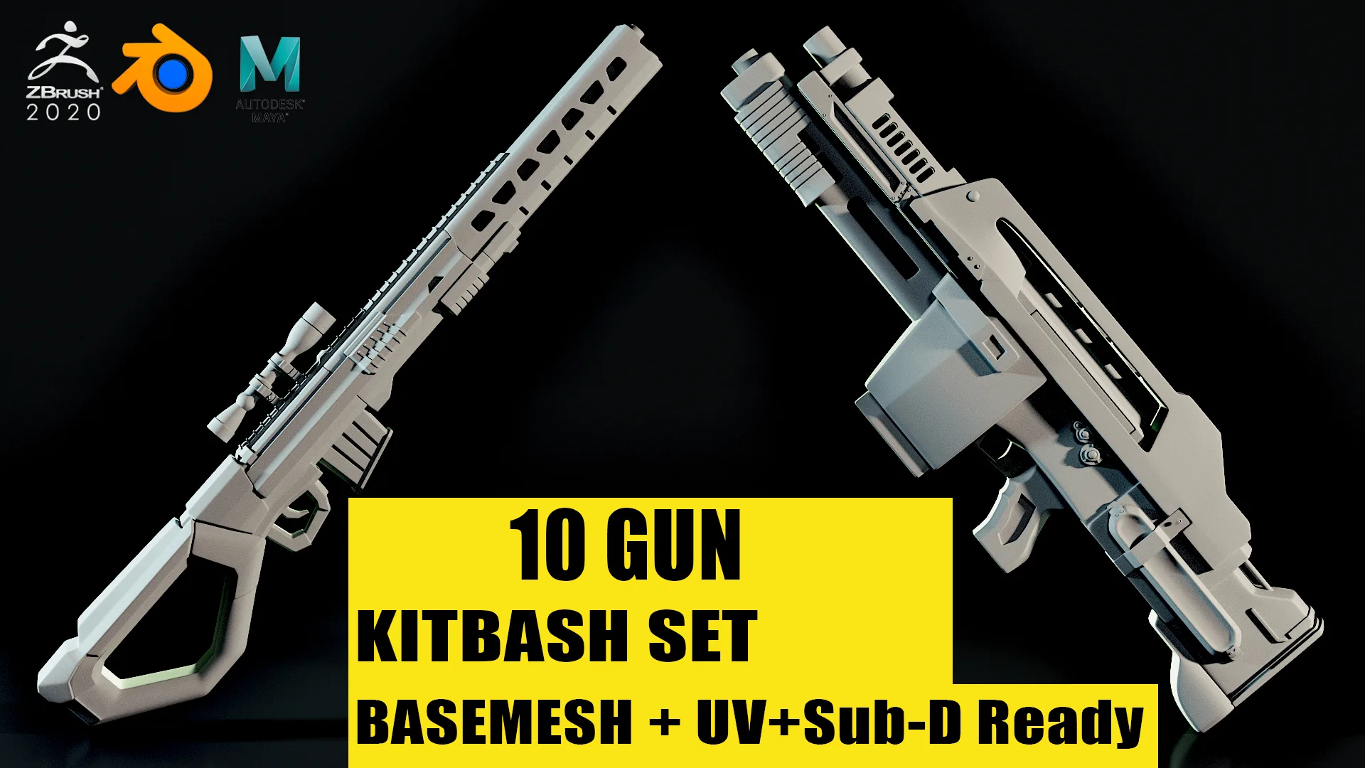 Scifi Gun KitbashSet_Basemesh+UV