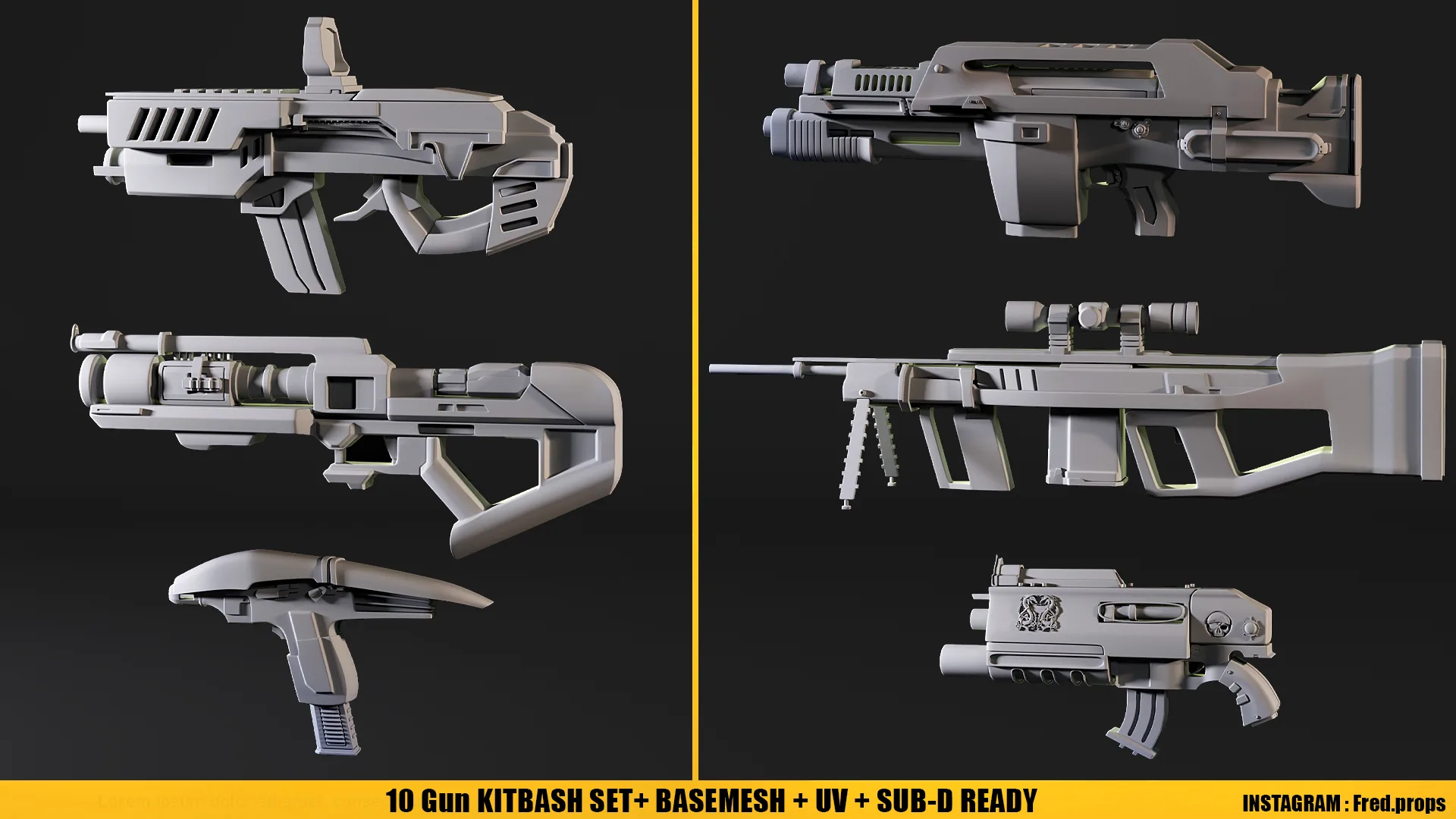 Scifi Gun KitbashSet_Basemesh+UV