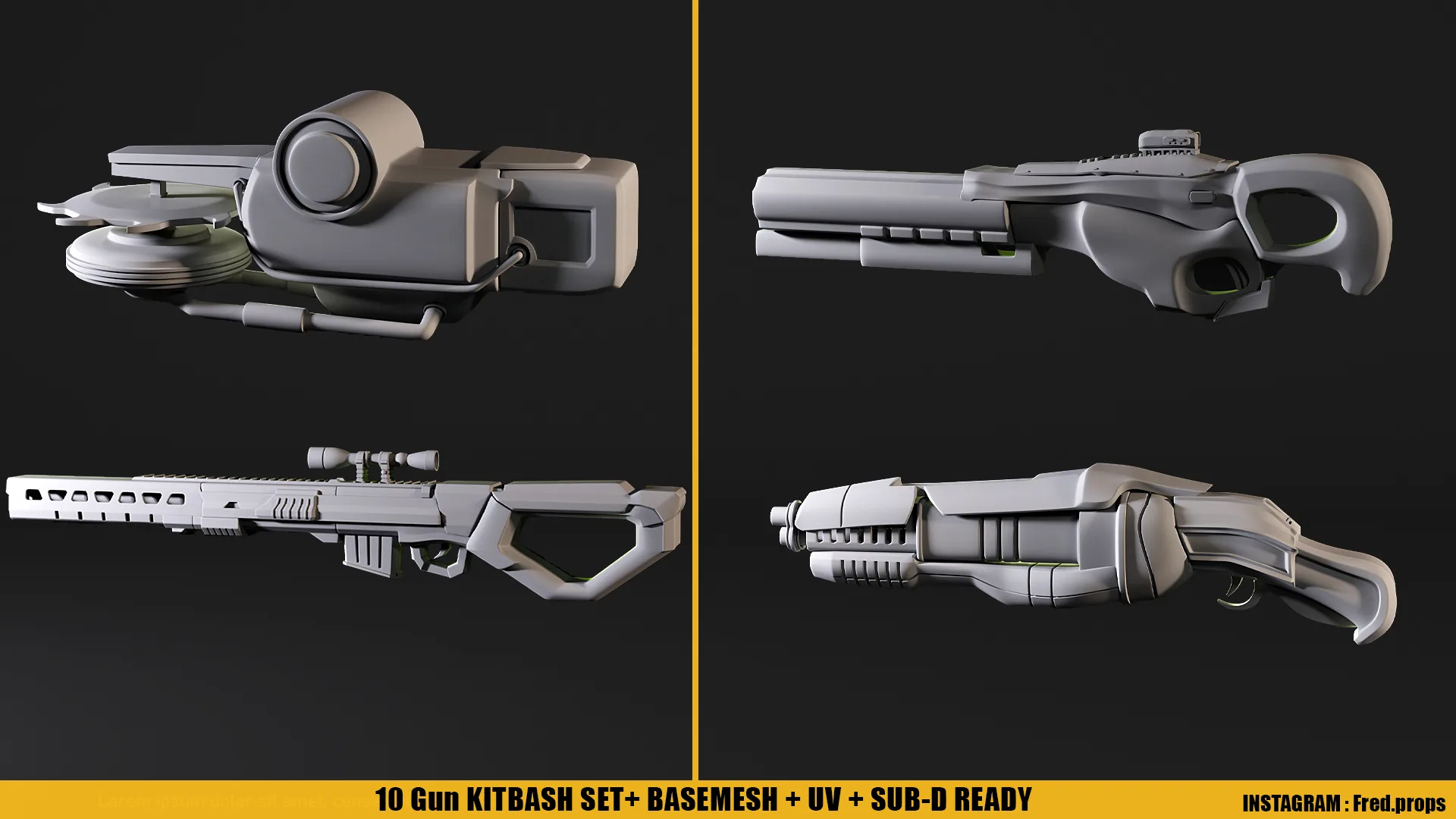 Scifi Gun KitbashSet_Basemesh+UV