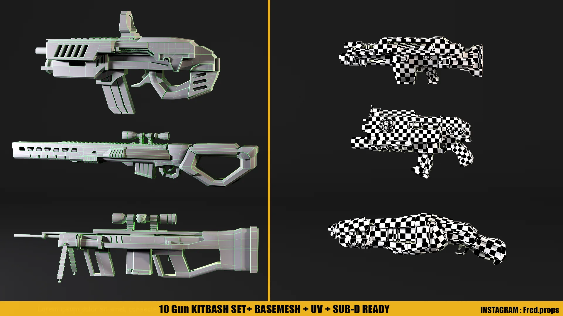 Scifi Gun KitbashSet_Basemesh+UV