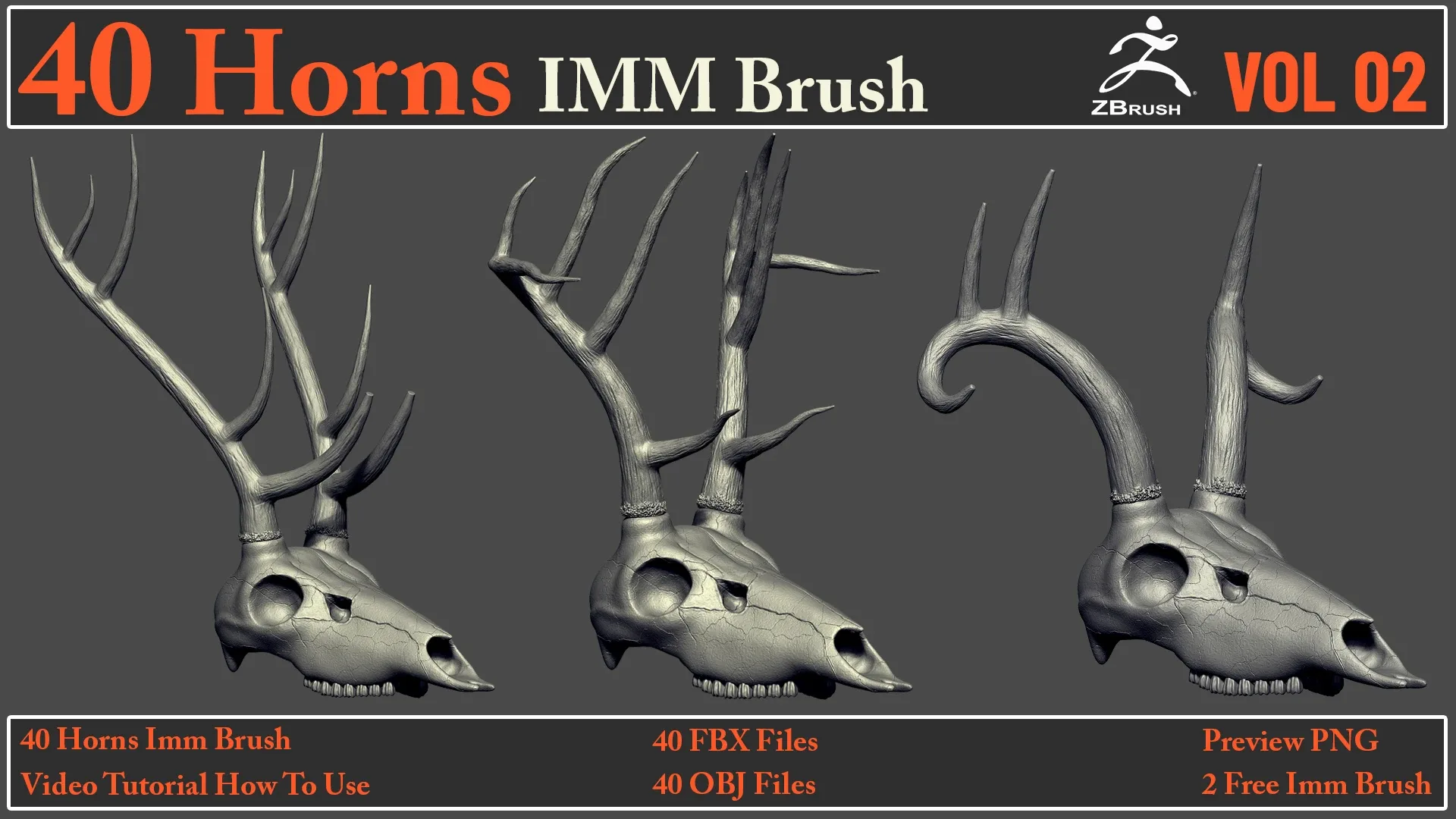 40 Horns IMM Brush VOL 02+ 40 FBX & OBJ Files + Video How To Use