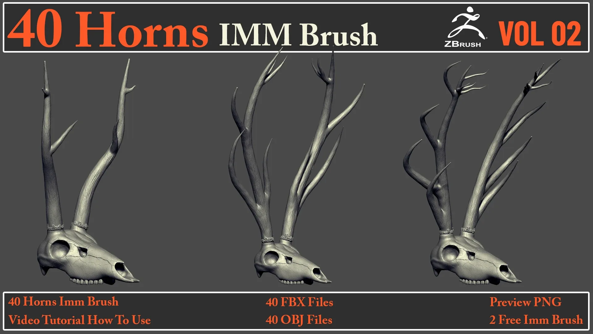 40 Horns IMM Brush VOL 02+ 40 FBX & OBJ Files + Video How To Use