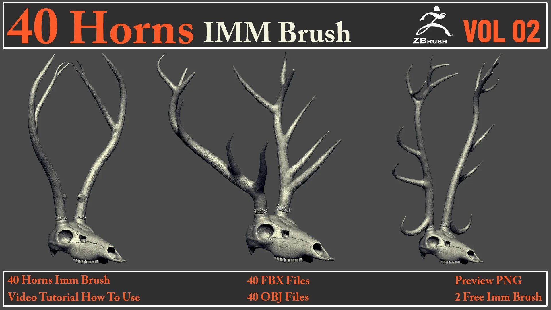 40 Horns IMM Brush VOL 02+ 40 FBX & OBJ Files + Video How To Use