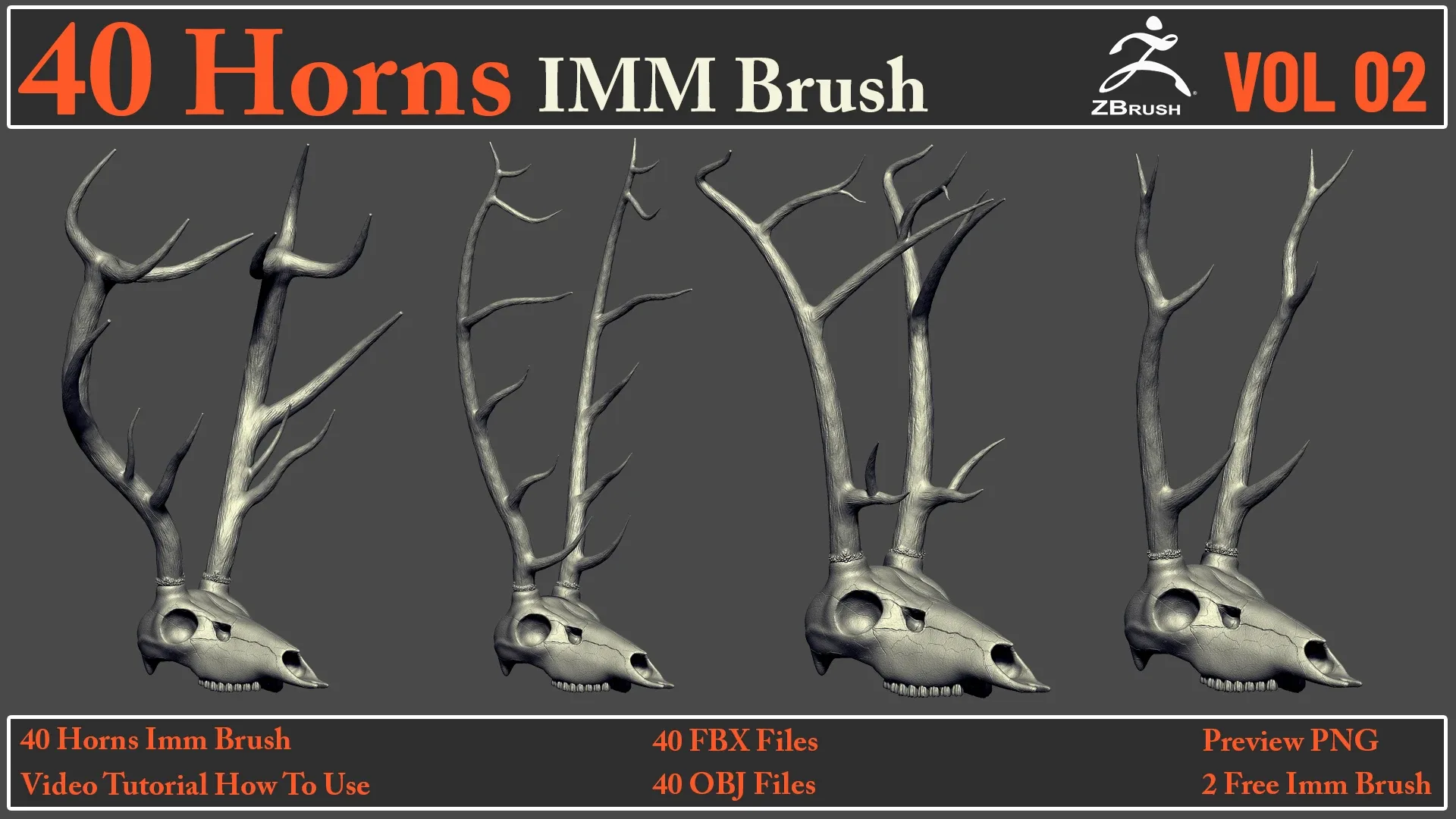 40 Horns IMM Brush VOL 02+ 40 FBX & OBJ Files + Video How To Use