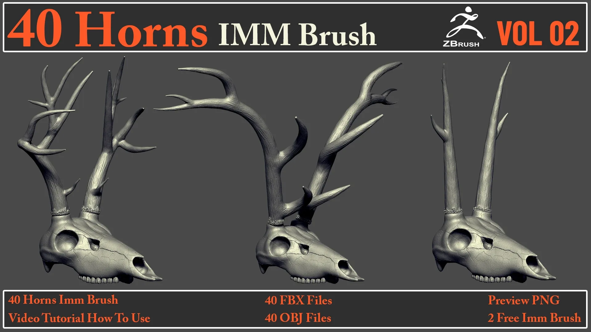 40 Horns IMM Brush VOL 02+ 40 FBX & OBJ Files + Video How To Use