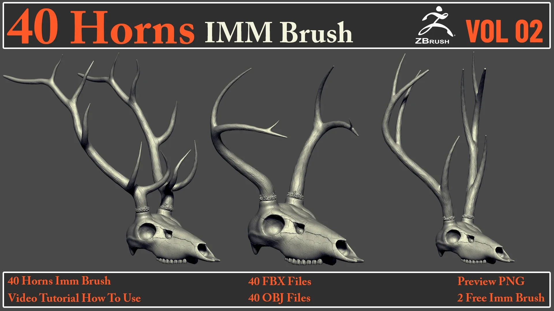 40 Horns IMM Brush VOL 02+ 40 FBX & OBJ Files + Video How To Use