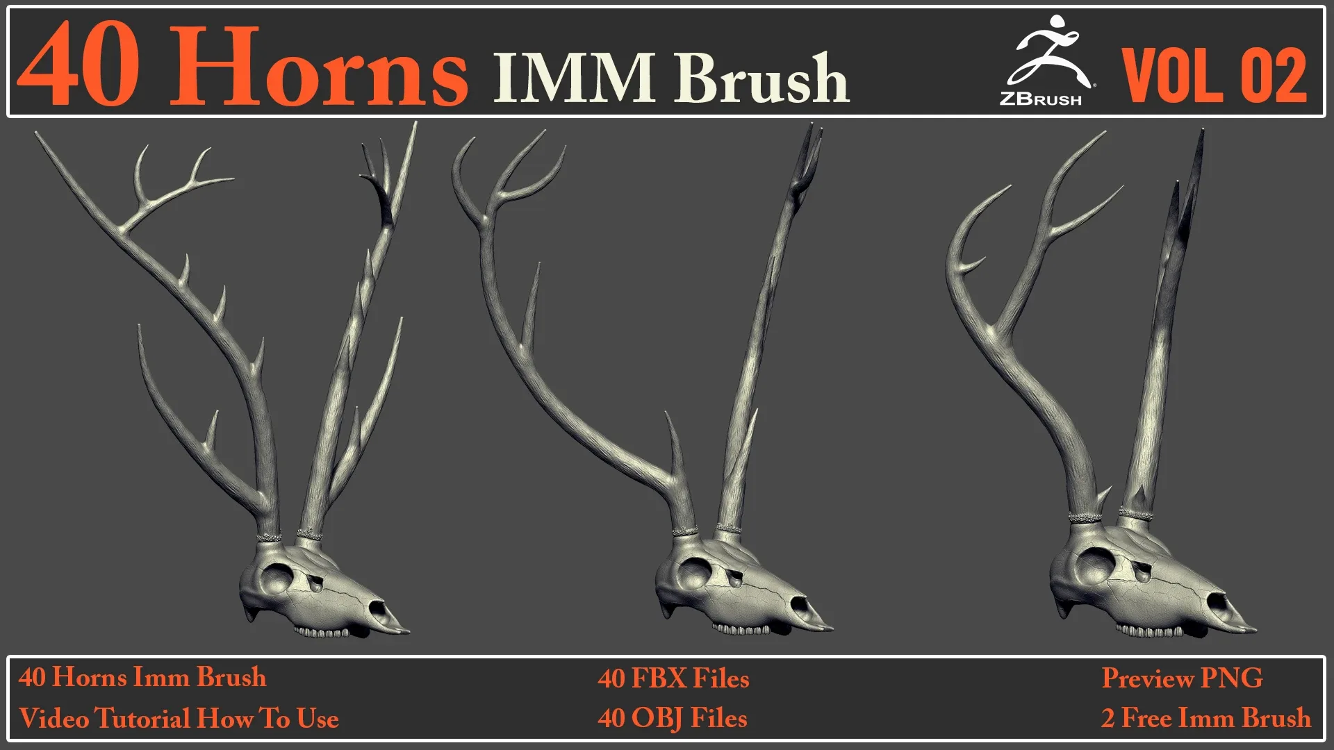 40 Horns IMM Brush VOL 02+ 40 FBX & OBJ Files + Video How To Use