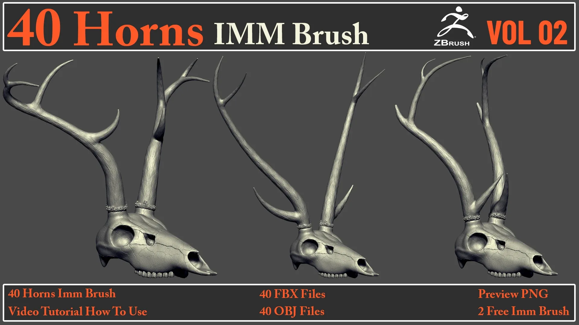 40 Horns IMM Brush VOL 02+ 40 FBX & OBJ Files + Video How To Use