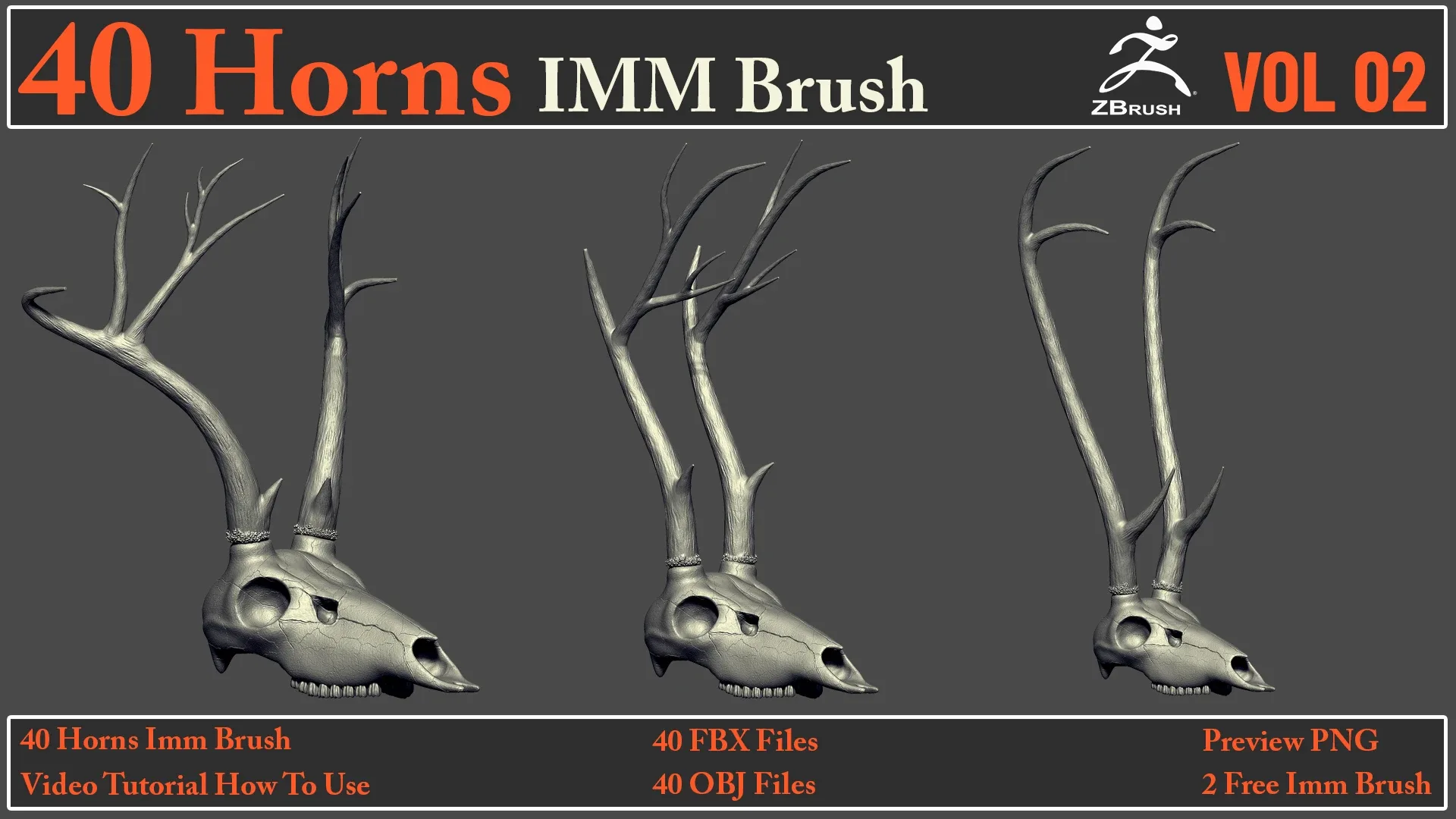 40 Horns IMM Brush VOL 02+ 40 FBX & OBJ Files + Video How To Use