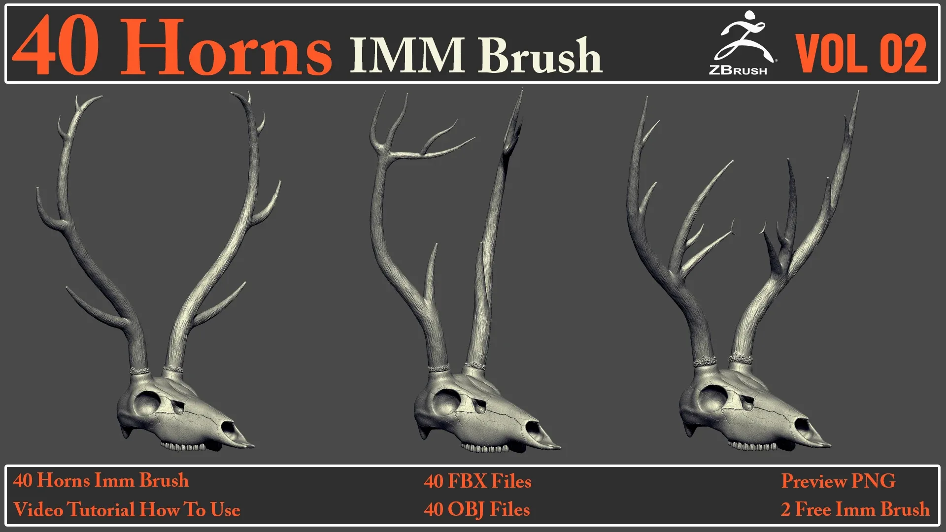 40 Horns IMM Brush VOL 02+ 40 FBX & OBJ Files + Video How To Use