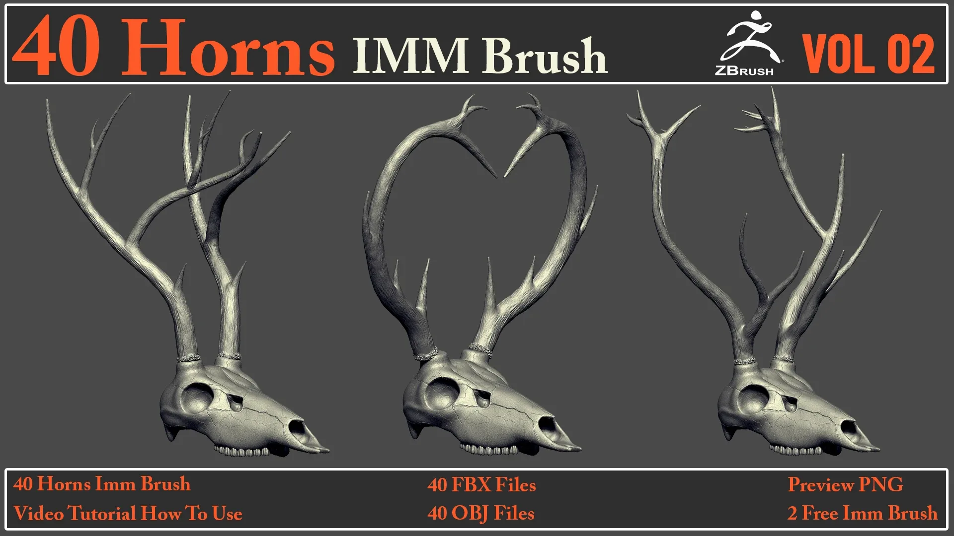 40 Horns IMM Brush VOL 02+ 40 FBX & OBJ Files + Video How To Use