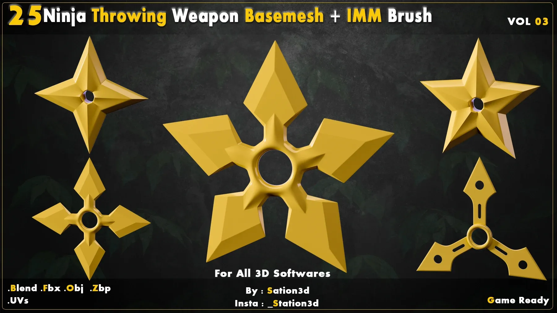 25 Ninja Throwing Weapon Basemesh-Vol 03 + Zbrush IMM Brush