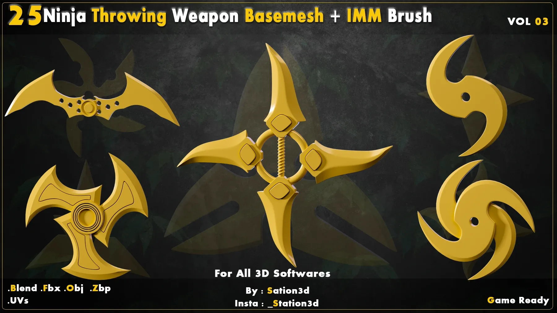 25 Ninja Throwing Weapon Basemesh-Vol 03 + Zbrush IMM Brush