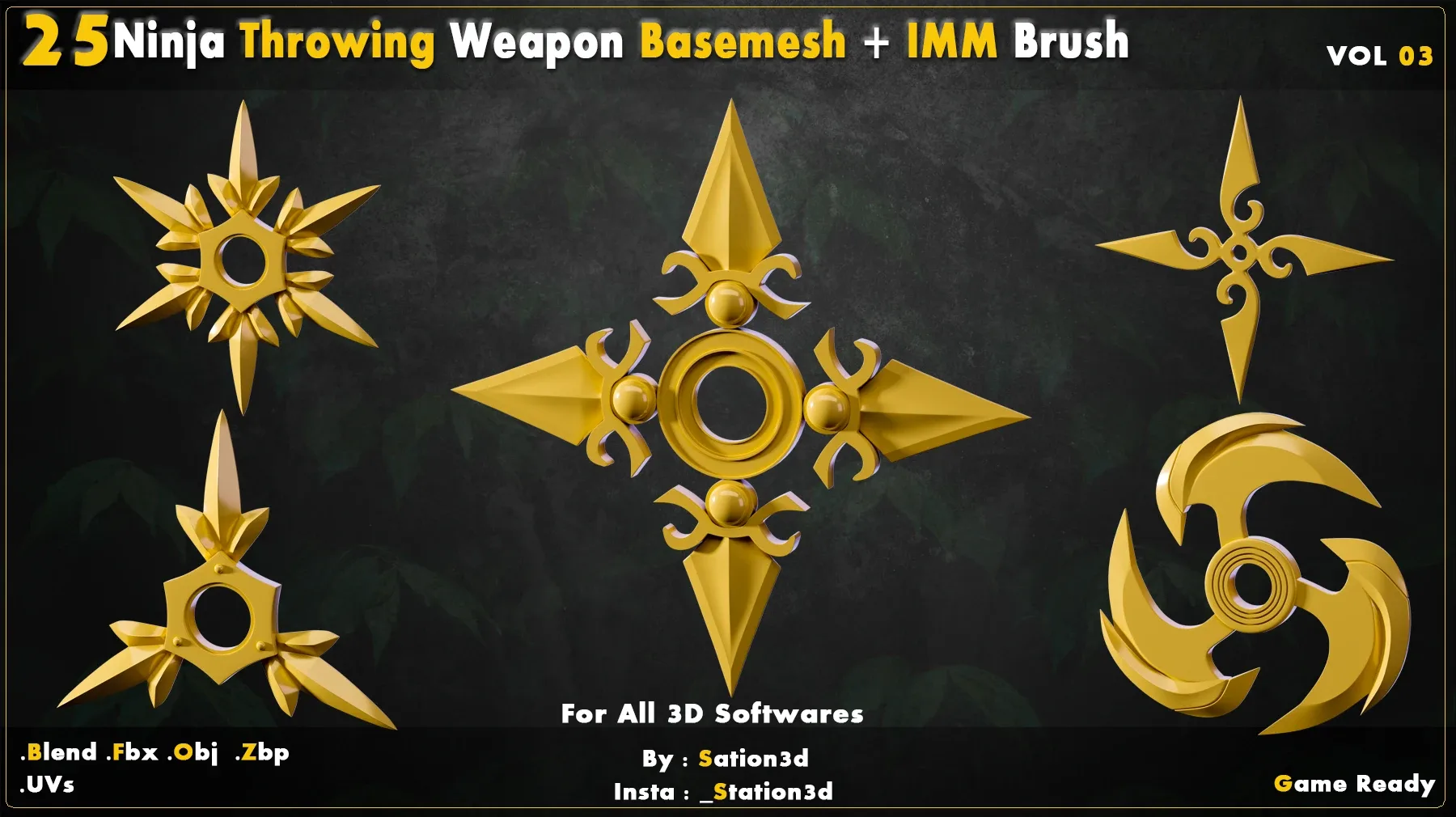 25 Ninja Throwing Weapon Basemesh-Vol 03 + Zbrush IMM Brush