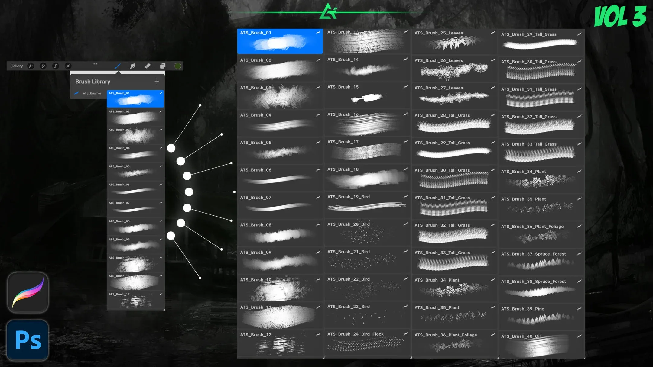 40 Hand Painted Environmental Concept Brushes for Photoshop and Procreate - Vol 3