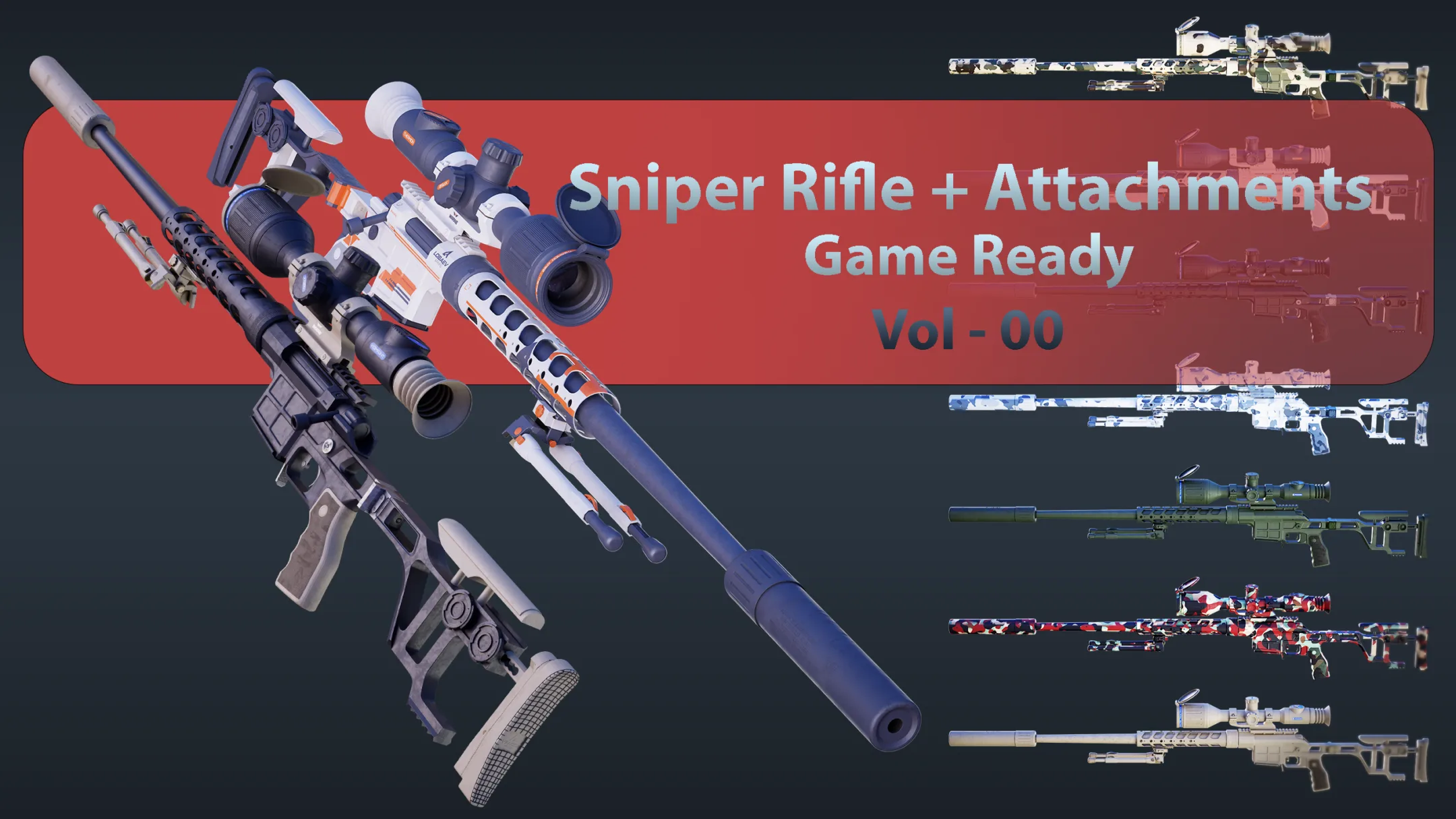 Sniper Rifle (DVL-10-M2-Urbana) + 5 Attachments + 7 Skin Game Ready - Vol - 00