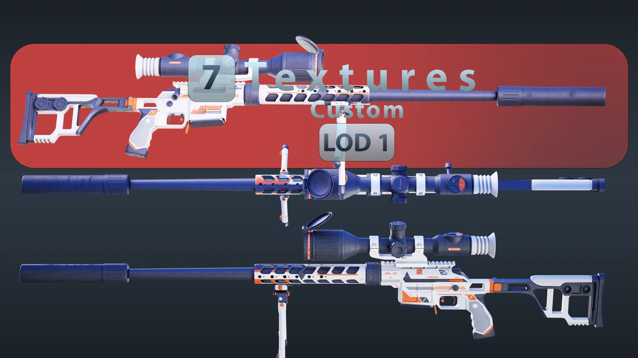 Sniper Rifle (DVL-10-M2-Urbana) + 5 Attachments + 7 Skin Game Ready - Vol - 00