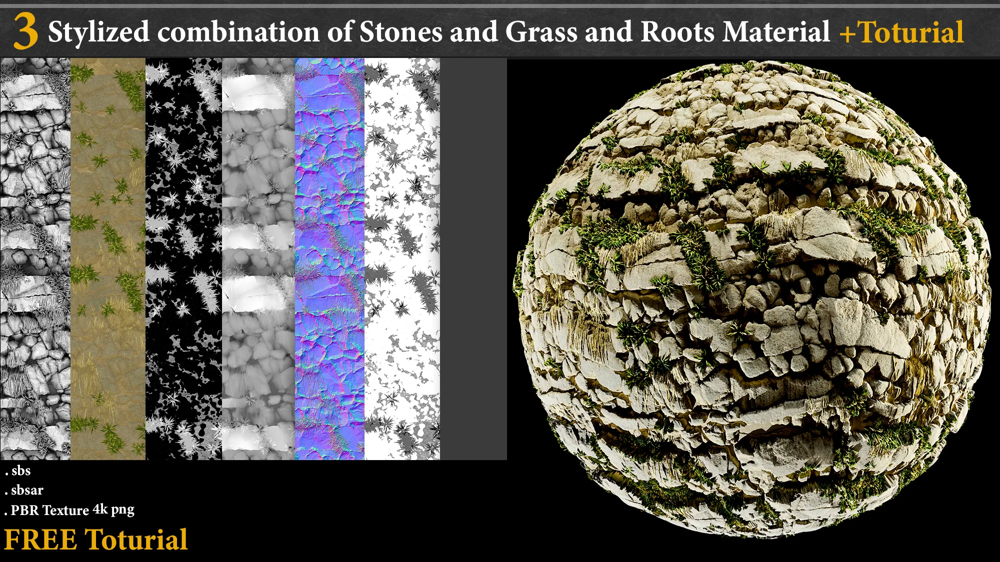 3 Stylized Combination of Stones and Grass and Roots Material _ Substance Designer