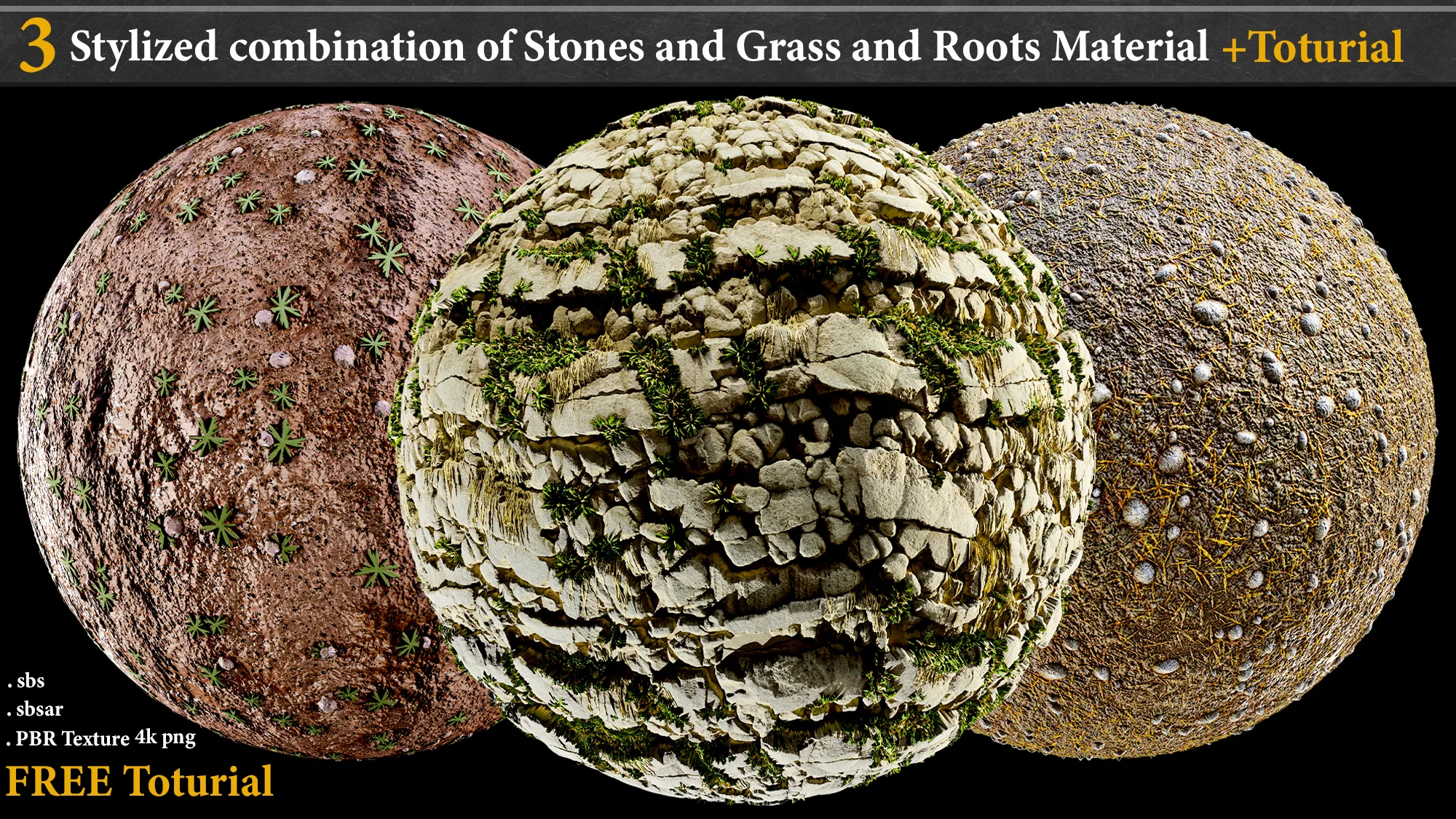 3 Stylized Combination of Stones and Grass and Roots Material _ Substance Designer