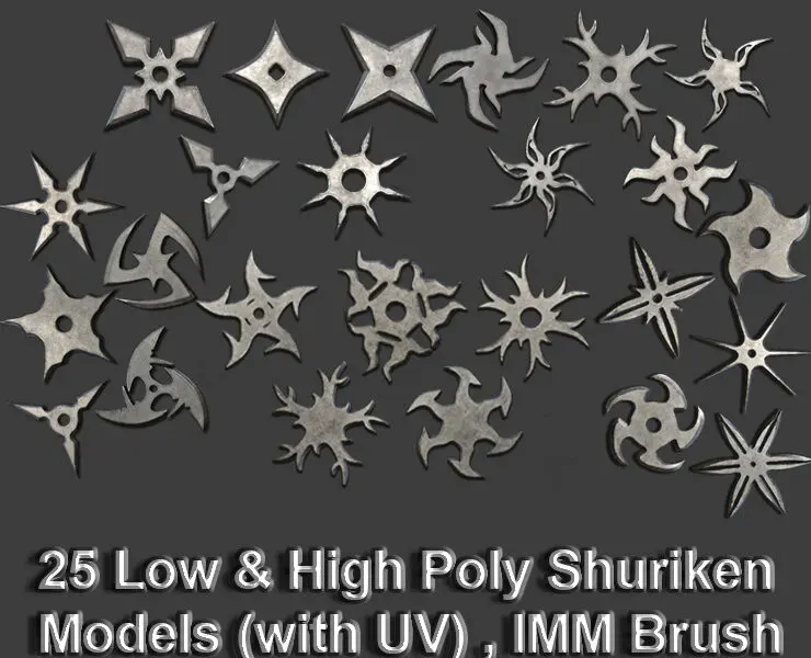 25 Shuriken Models Lowpoly and Highpoly (with UV) , IMM Brush Vol.1