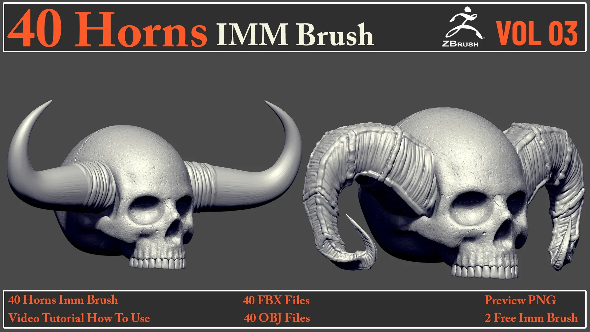 40 Horns IMM Brush VOL 03 + 40 FBX & OBJ Files + Video How To Use