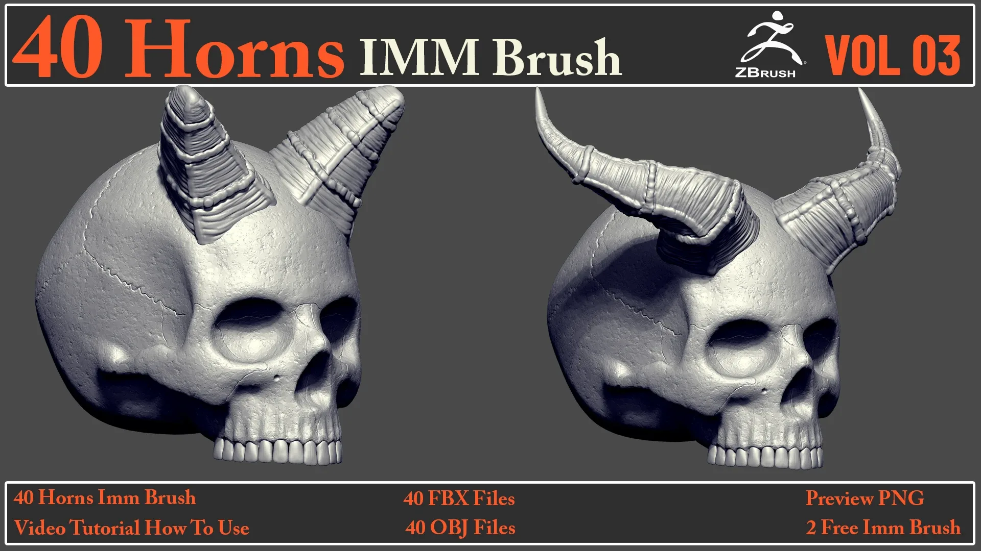 40 Horns IMM Brush VOL 03 + 40 FBX & OBJ Files + Video How To Use