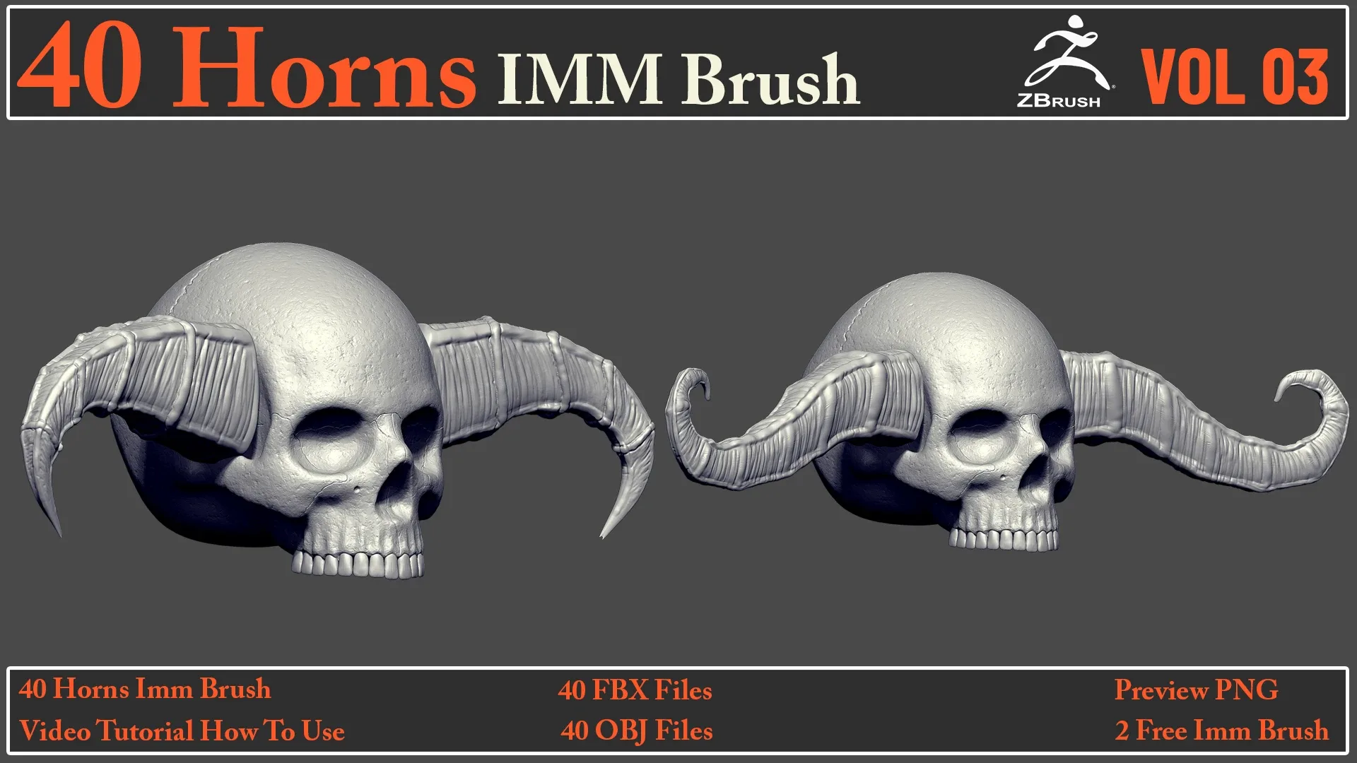 40 Horns IMM Brush VOL 03 + 40 FBX & OBJ Files + Video How To Use