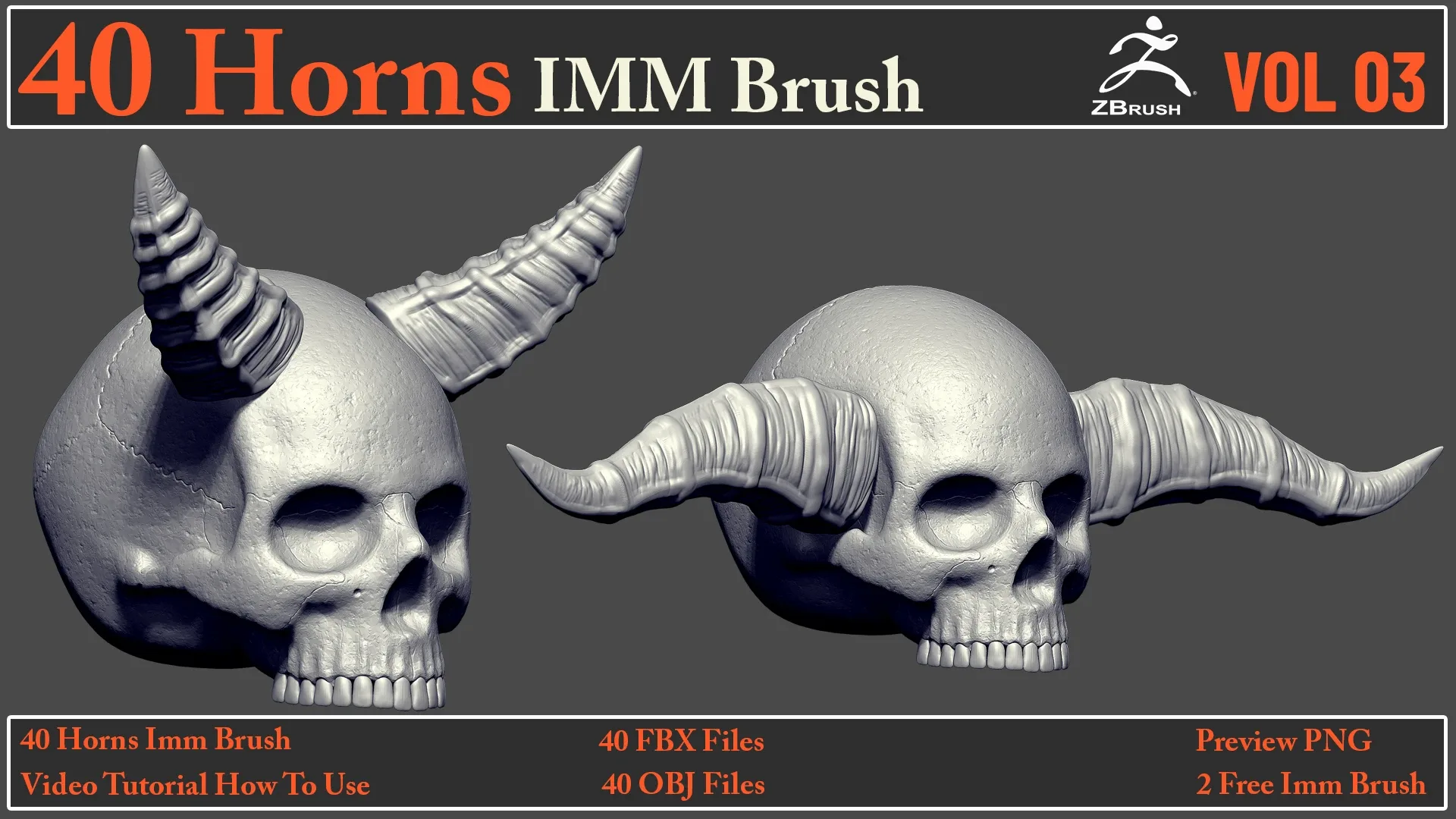 40 Horns IMM Brush VOL 03 + 40 FBX & OBJ Files + Video How To Use