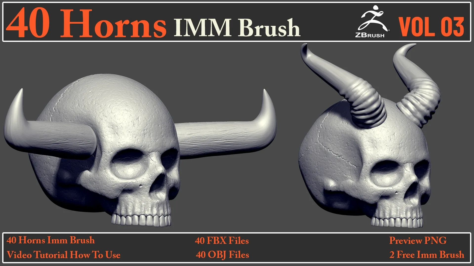 40 Horns IMM Brush VOL 03 + 40 FBX & OBJ Files + Video How To Use