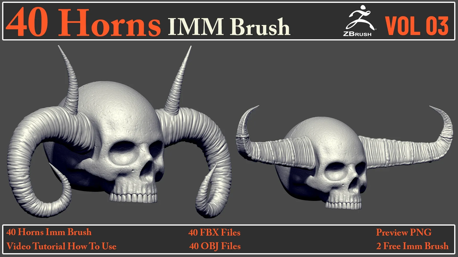 40 Horns IMM Brush VOL 03 + 40 FBX & OBJ Files + Video How To Use