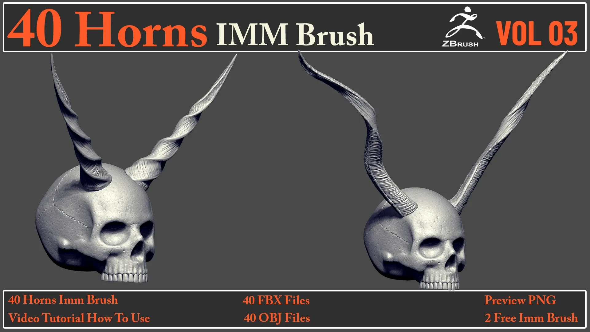 40 Horns IMM Brush VOL 03 + 40 FBX & OBJ Files + Video How To Use